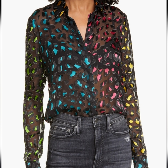 Alice + Olivia Tops - Alice + Olivia Sheer Black Blouse with Multicolor Print